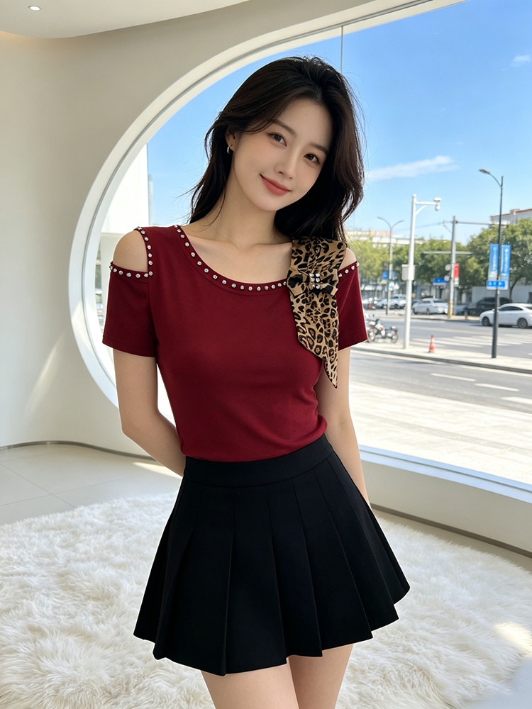 Slim strapless bow T-shirt fashion rhinestone tops