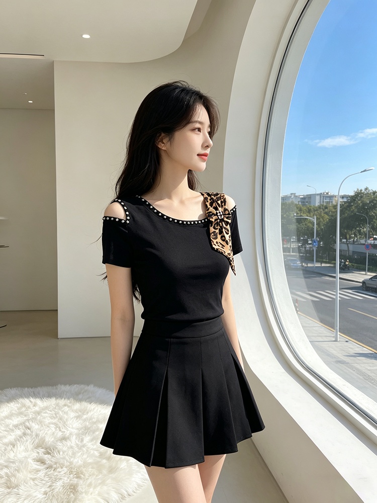 Slim strapless bow T-shirt fashion rhinestone tops
