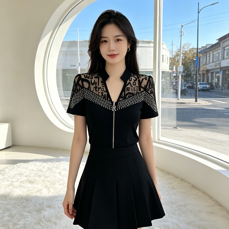 Slim zip tops all-match splice T-shirt for women