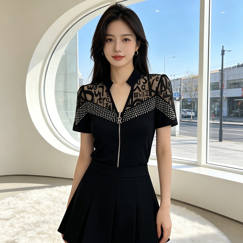 Slim zip tops all-match splice T-shirt for women