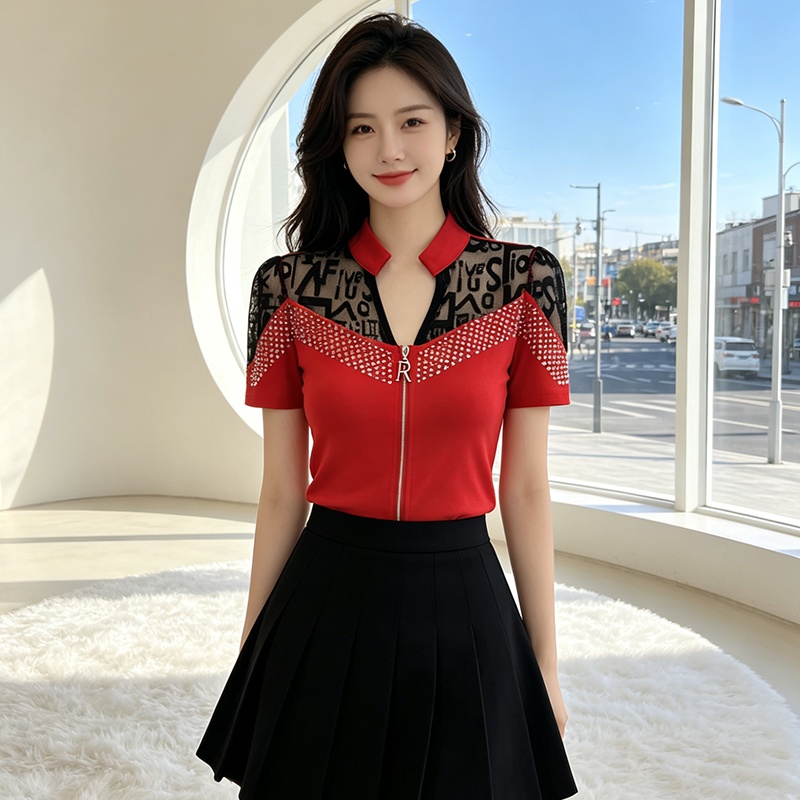 Slim zip tops all-match splice T-shirt for women