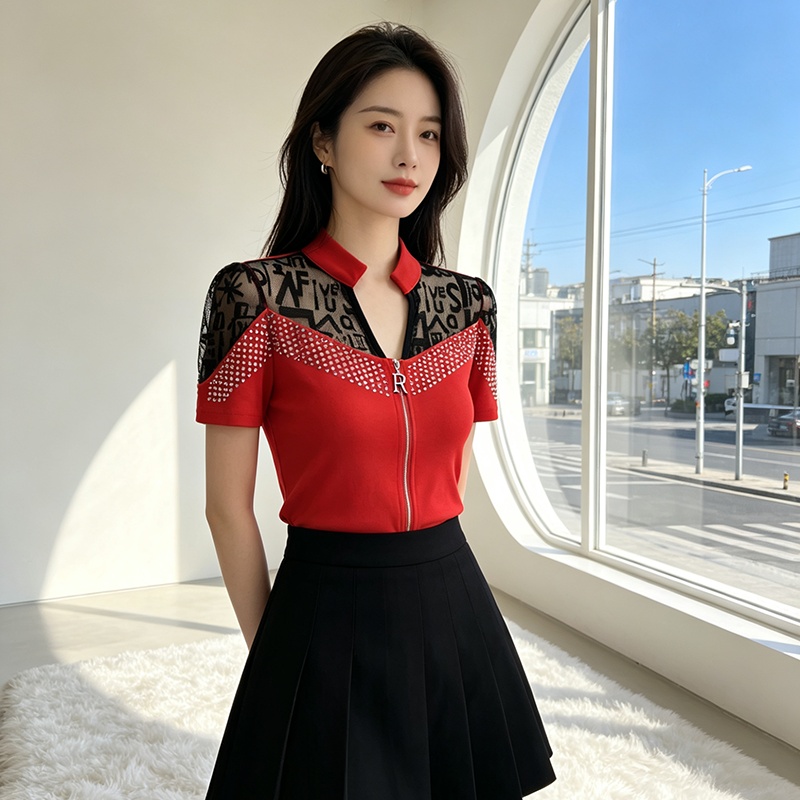 Slim zip tops all-match splice T-shirt for women