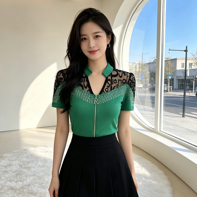 Slim zip tops all-match splice T-shirt for women