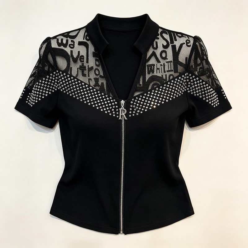 Slim zip tops all-match splice T-shirt for women