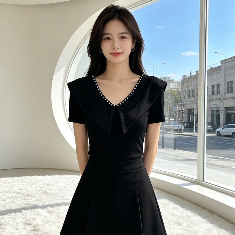All-match rhinestone tops V-neck splice small shirt for women