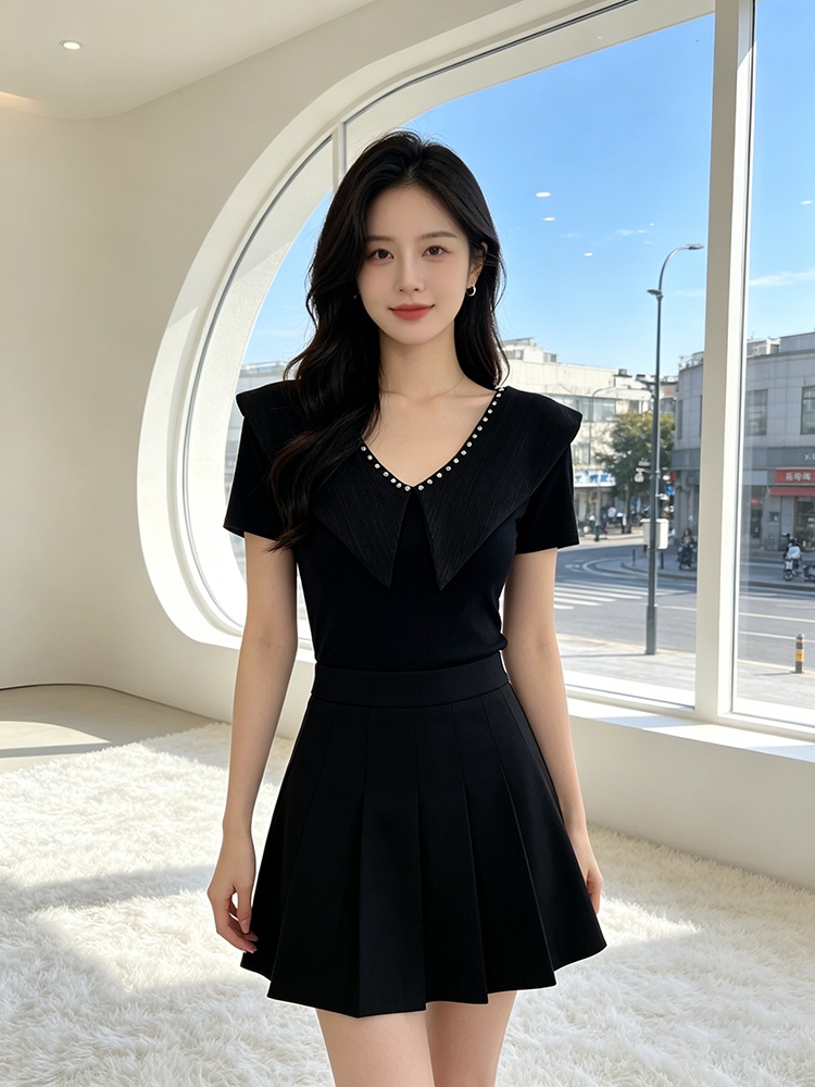 All-match rhinestone tops V-neck splice small shirt for women