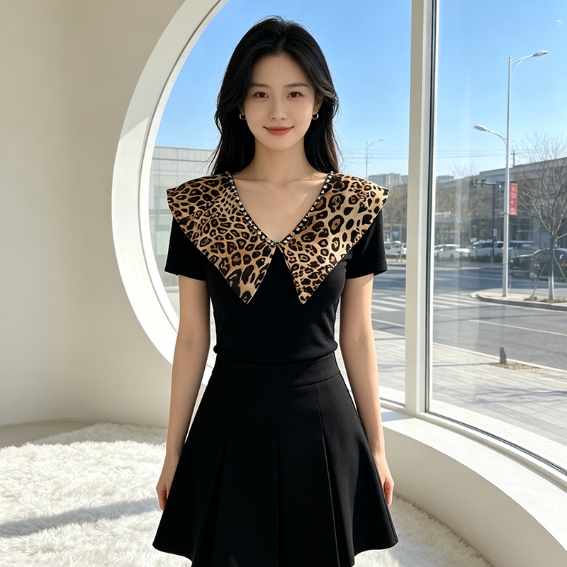 All-match rhinestone tops V-neck splice small shirt for women