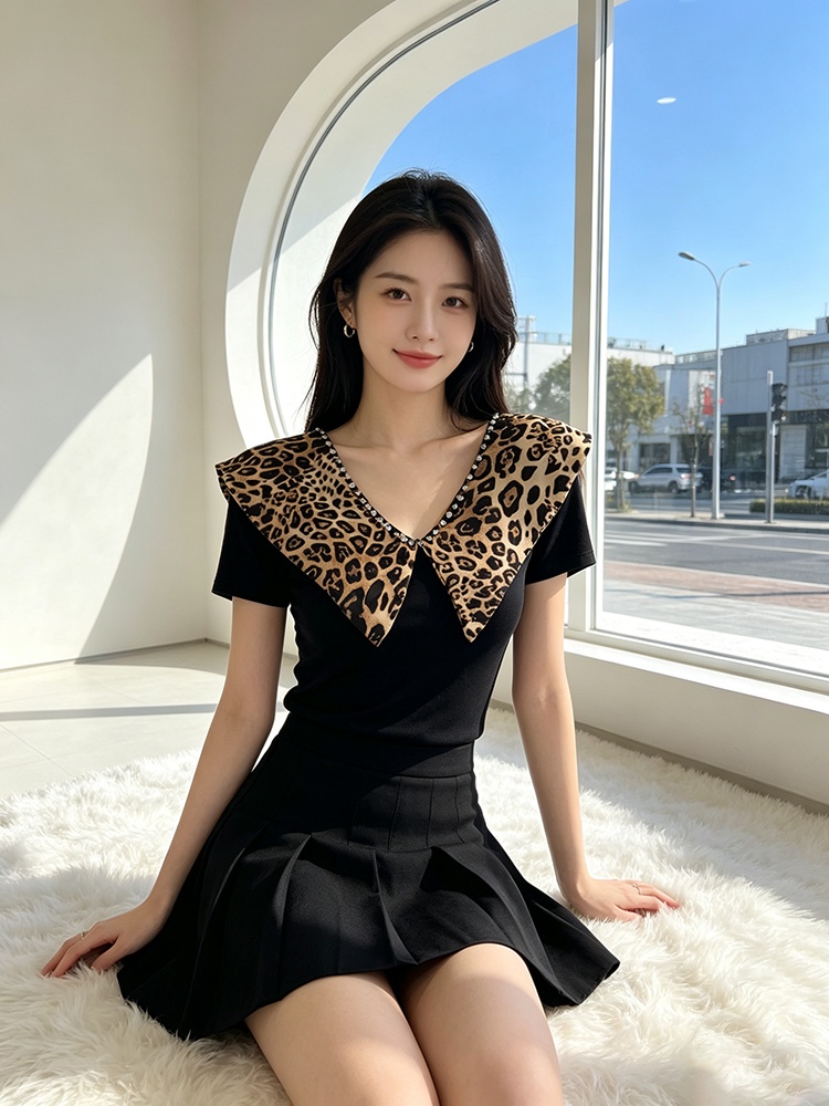 All-match rhinestone tops V-neck splice small shirt for women