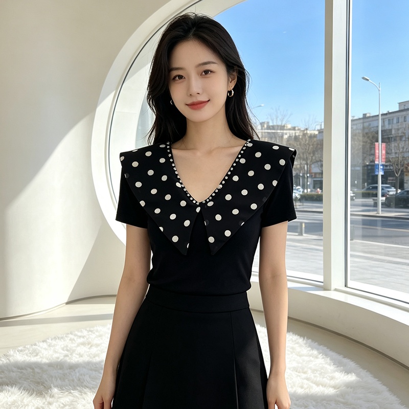 All-match rhinestone tops V-neck splice small shirt for women