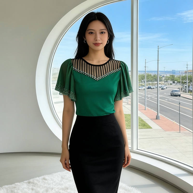 Rhinestone commuting fashion shirts slim light luxury tops