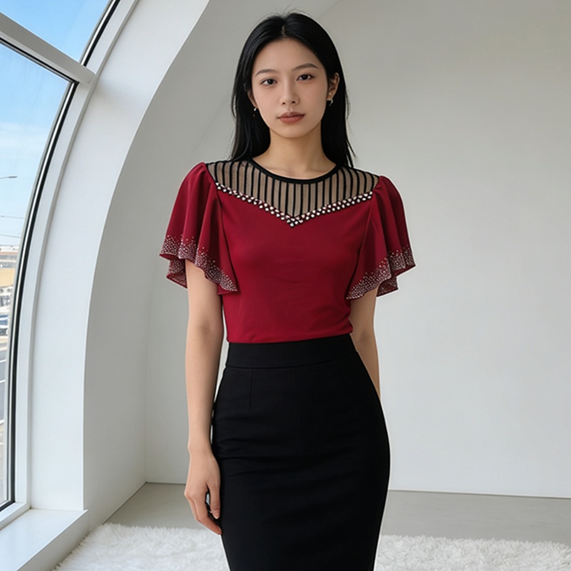 Rhinestone commuting fashion shirts slim light luxury tops