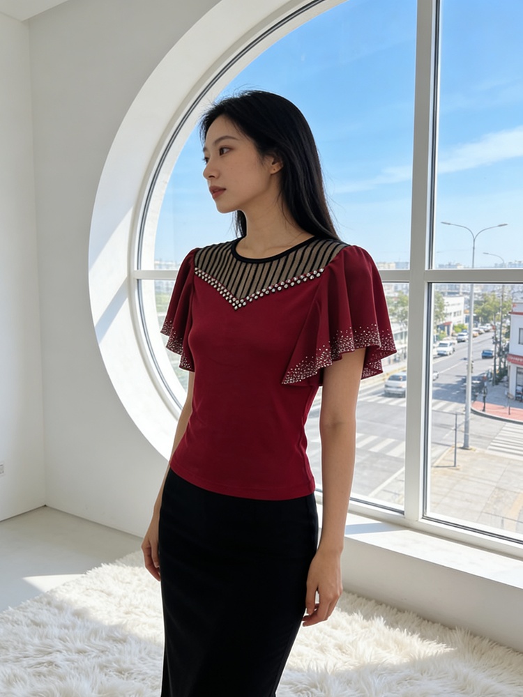 Rhinestone commuting fashion shirts slim light luxury tops
