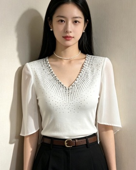 Trumpet sleeves V-neck shirts summer light luxury T-shirt