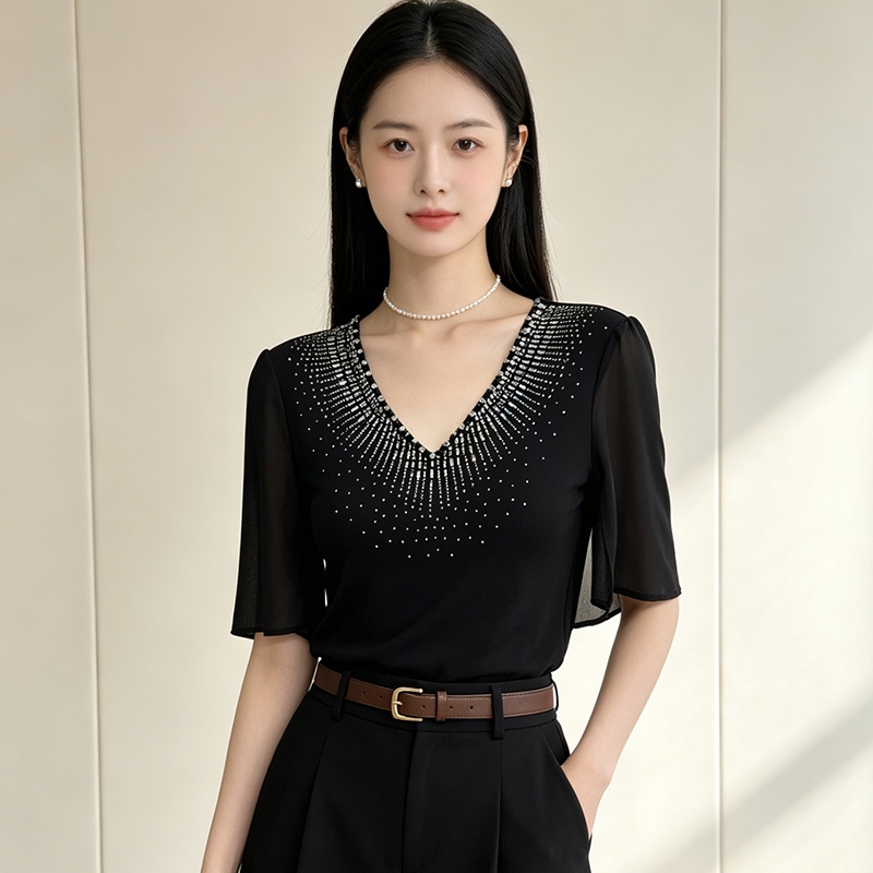 Trumpet sleeves V-neck shirts summer light luxury T-shirt