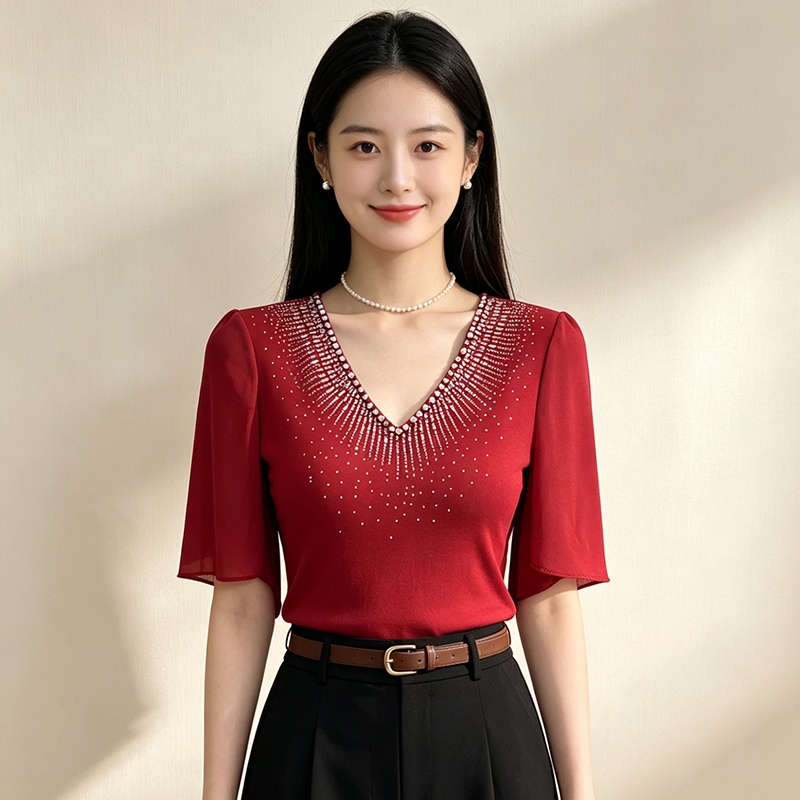 Trumpet sleeves V-neck shirts summer light luxury T-shirt