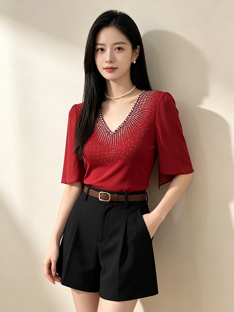 Trumpet sleeves V-neck shirts summer light luxury T-shirt