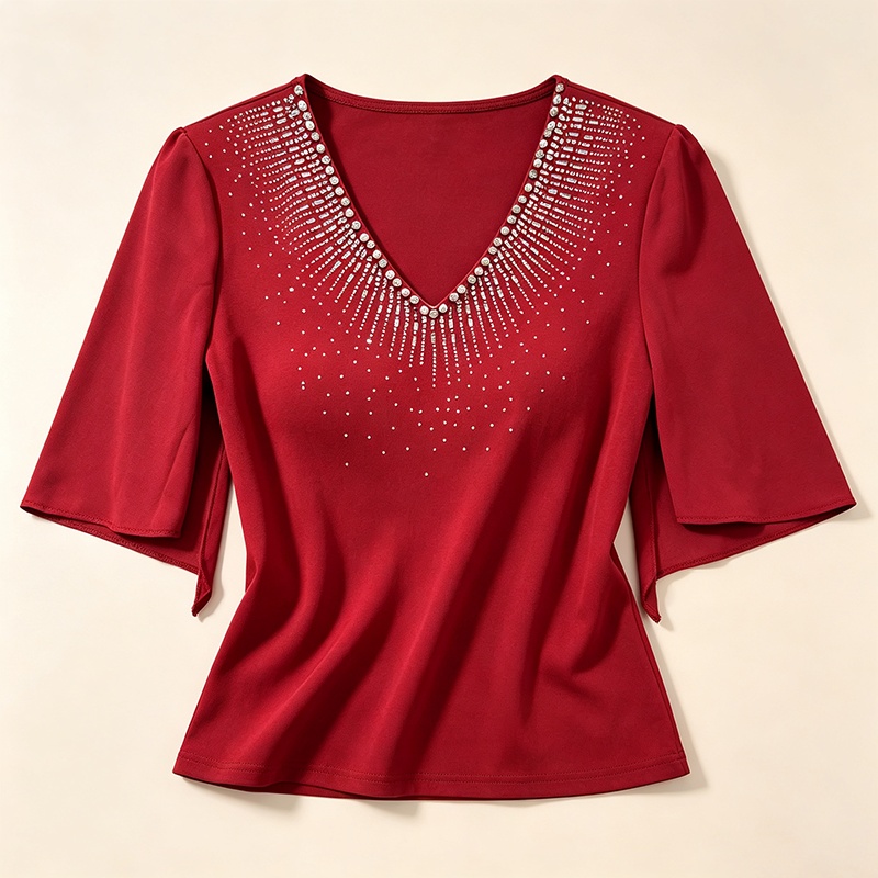 Trumpet sleeves V-neck shirts summer light luxury T-shirt