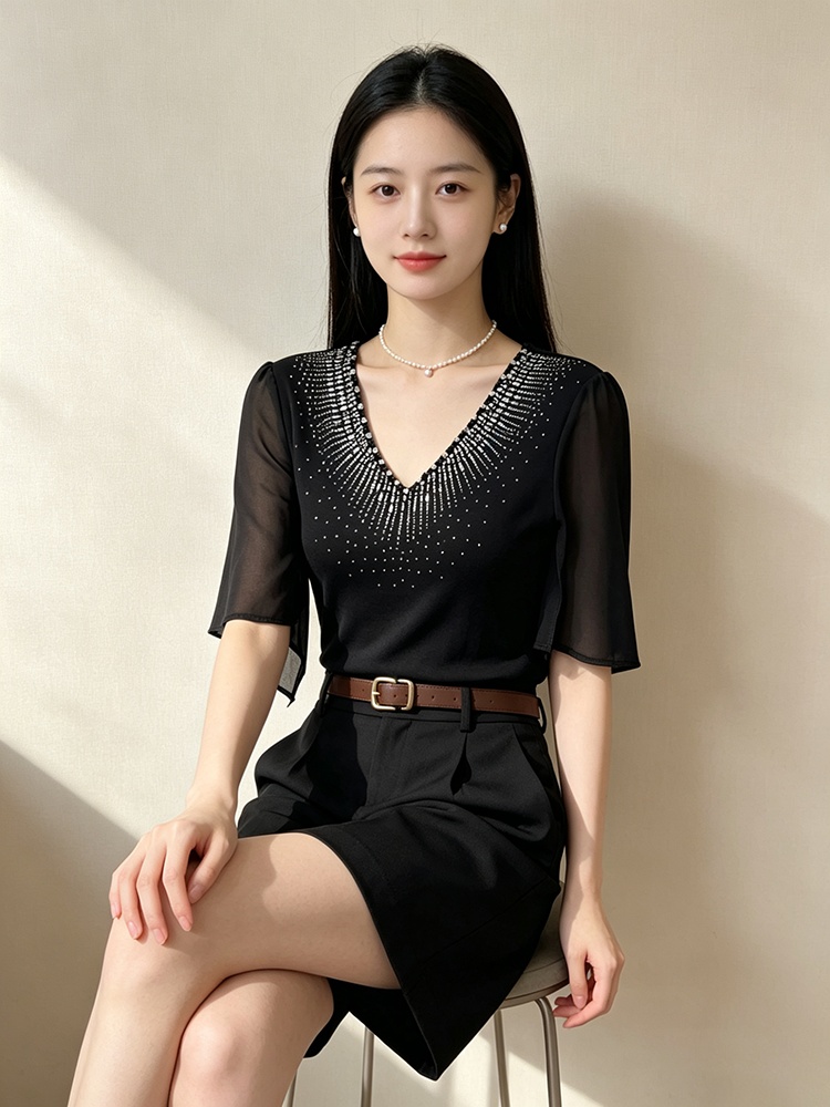 Trumpet sleeves V-neck shirts summer light luxury T-shirt