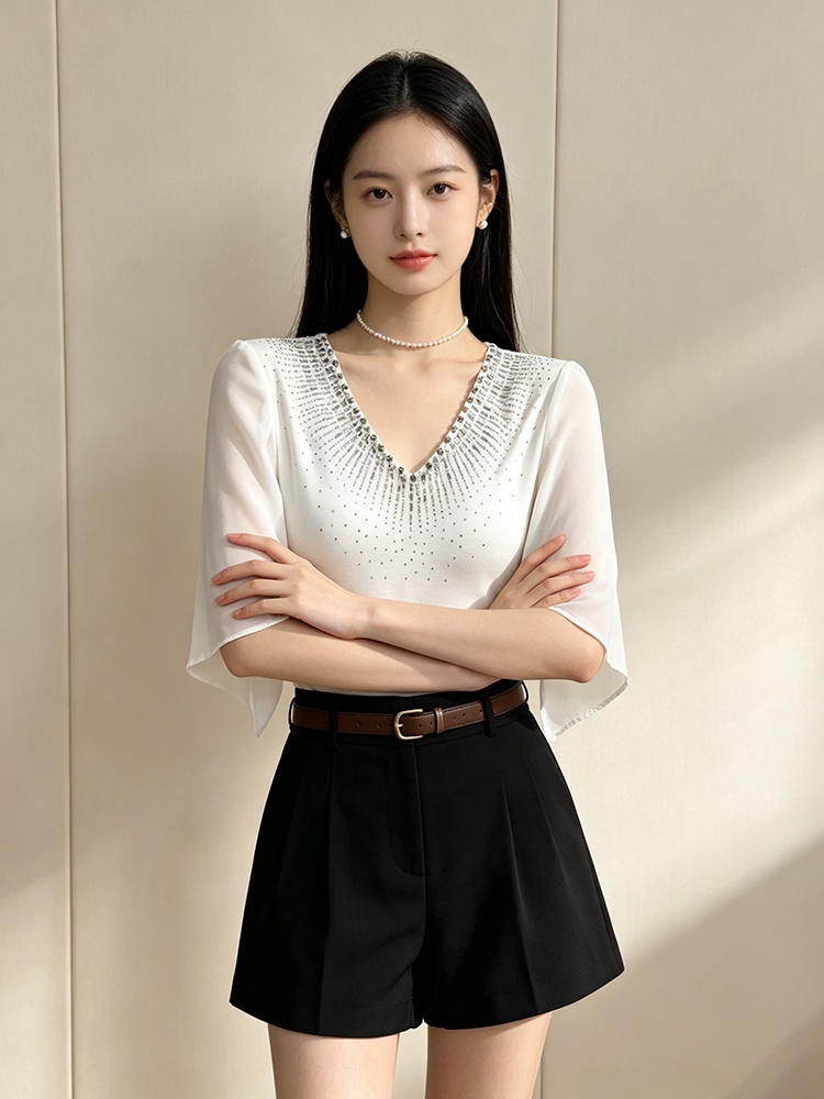 Trumpet sleeves V-neck shirts summer light luxury T-shirt