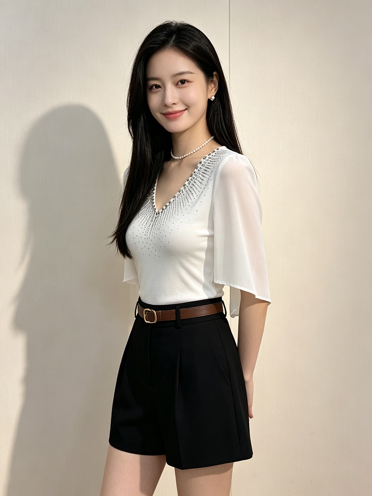 Trumpet sleeves V-neck shirts summer light luxury T-shirt