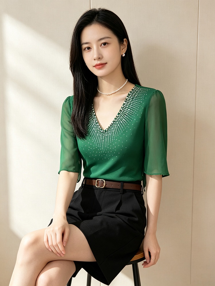 Trumpet sleeves V-neck shirts summer light luxury T-shirt
