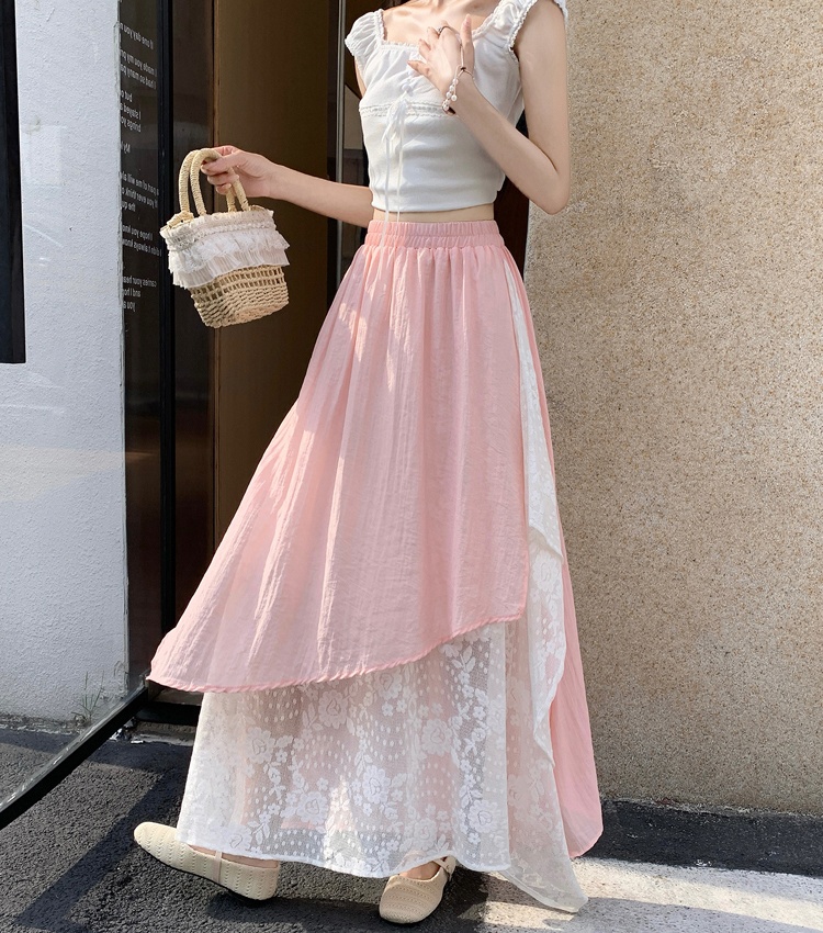 Elastic waist lace irregular large yard chiffon summer skirt
