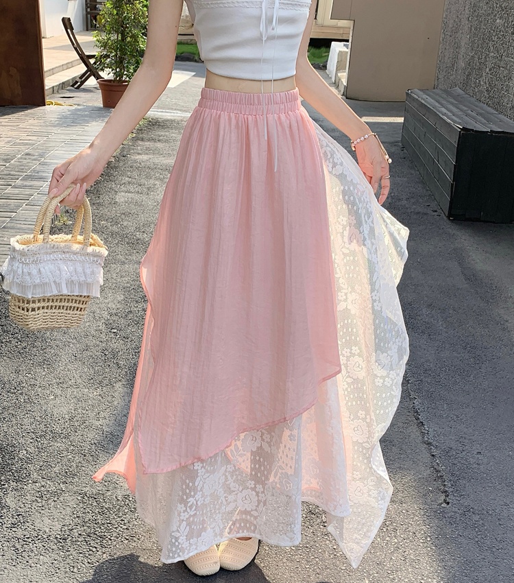 Elastic waist lace irregular large yard chiffon summer skirt