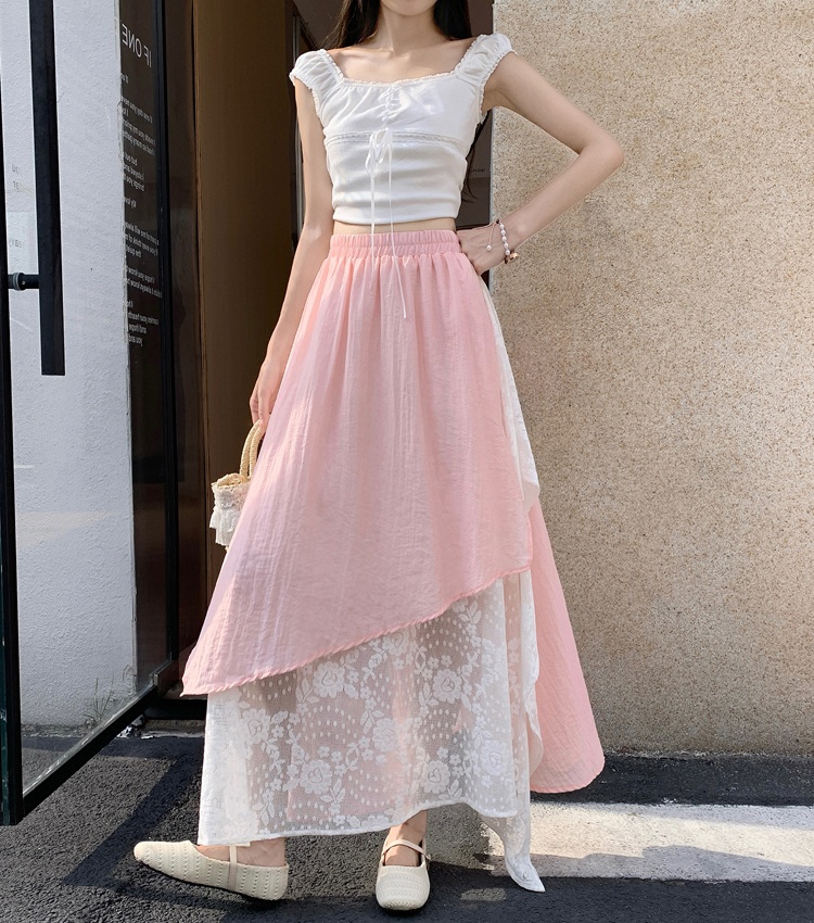 Elastic waist lace irregular large yard chiffon summer skirt