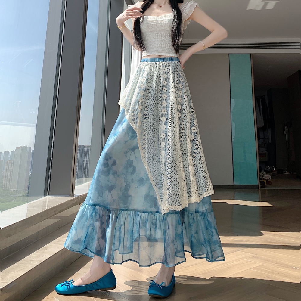 Splice vacation irregular big skirt printing skirt for women