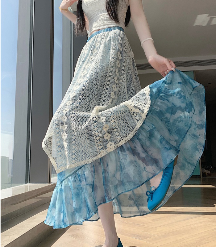 Splice vacation irregular big skirt printing skirt for women