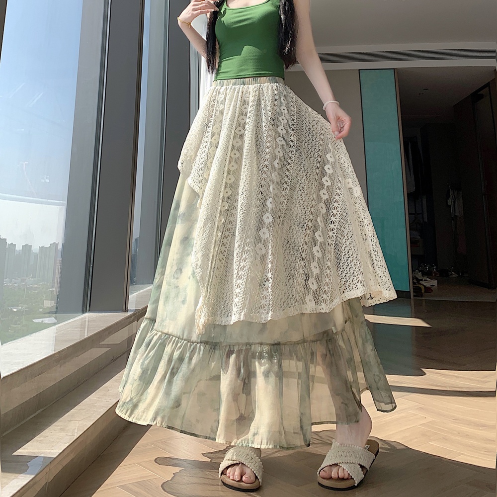 Splice vacation irregular big skirt printing skirt for women