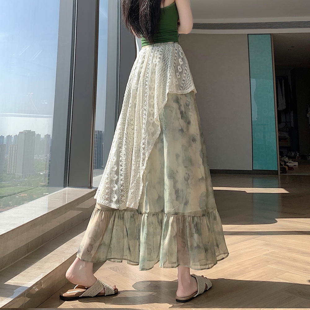Splice vacation irregular big skirt printing skirt for women