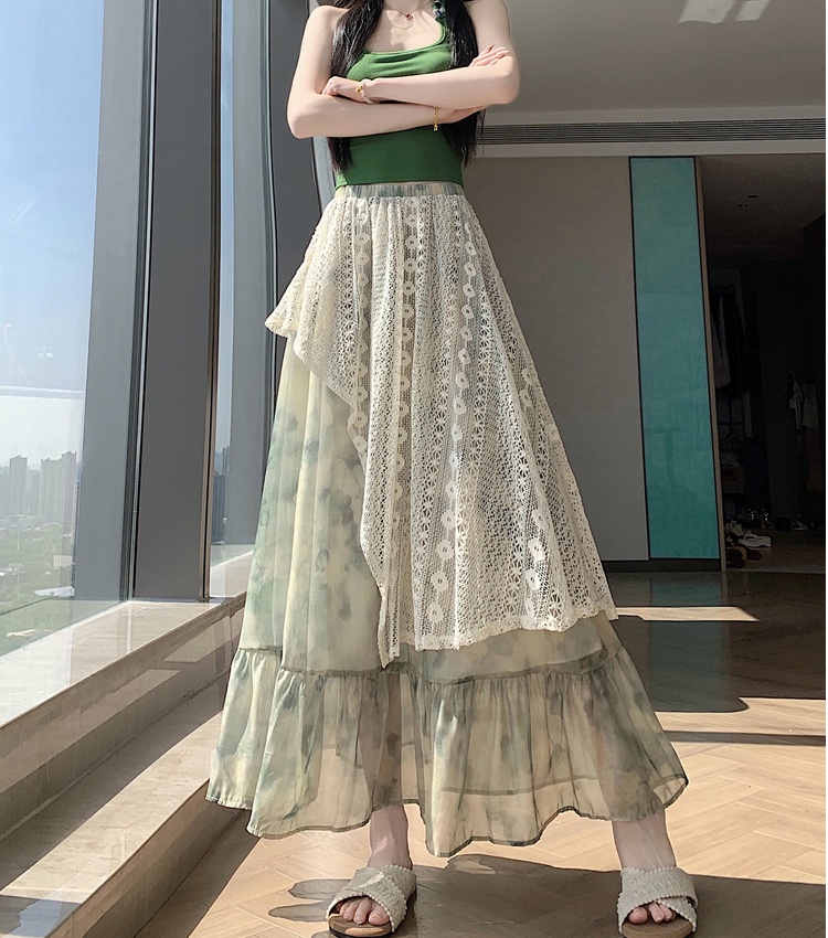 Splice vacation irregular big skirt printing skirt for women