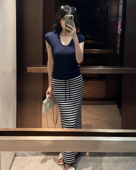 All-match stripe skirt high waist slim tops a set
