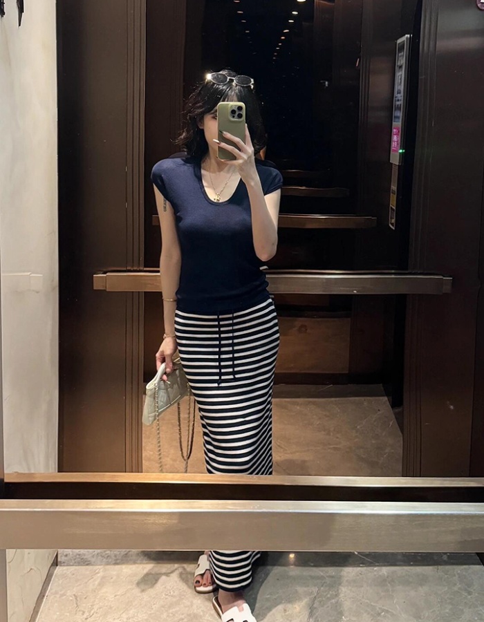 All-match stripe skirt high waist slim tops a set
