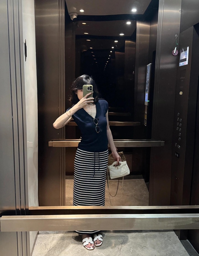 All-match stripe skirt high waist slim tops a set