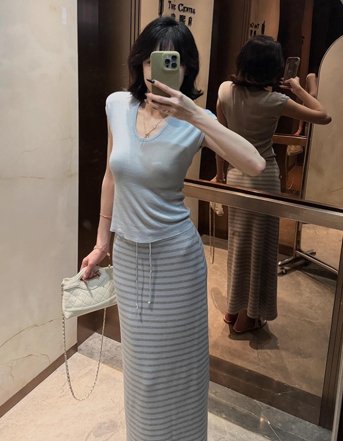 All-match stripe skirt high waist slim tops a set