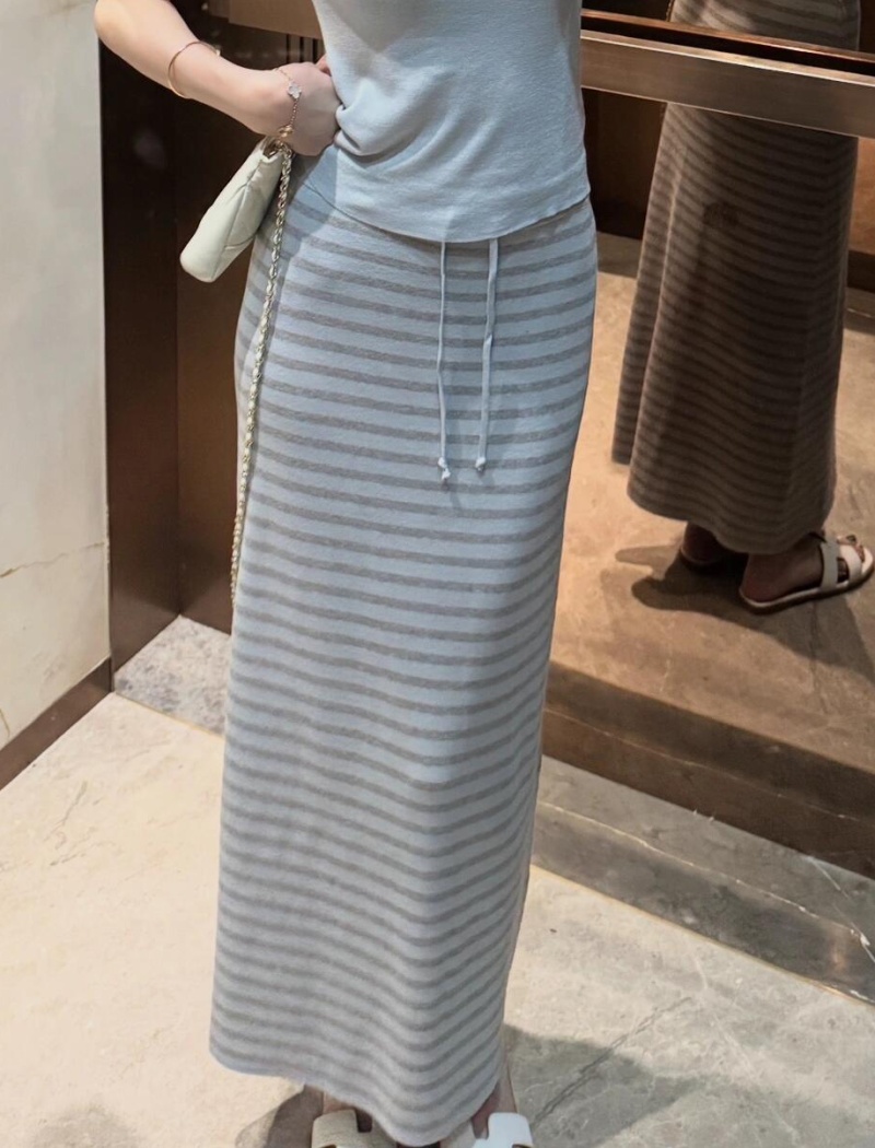 All-match stripe skirt high waist slim tops a set