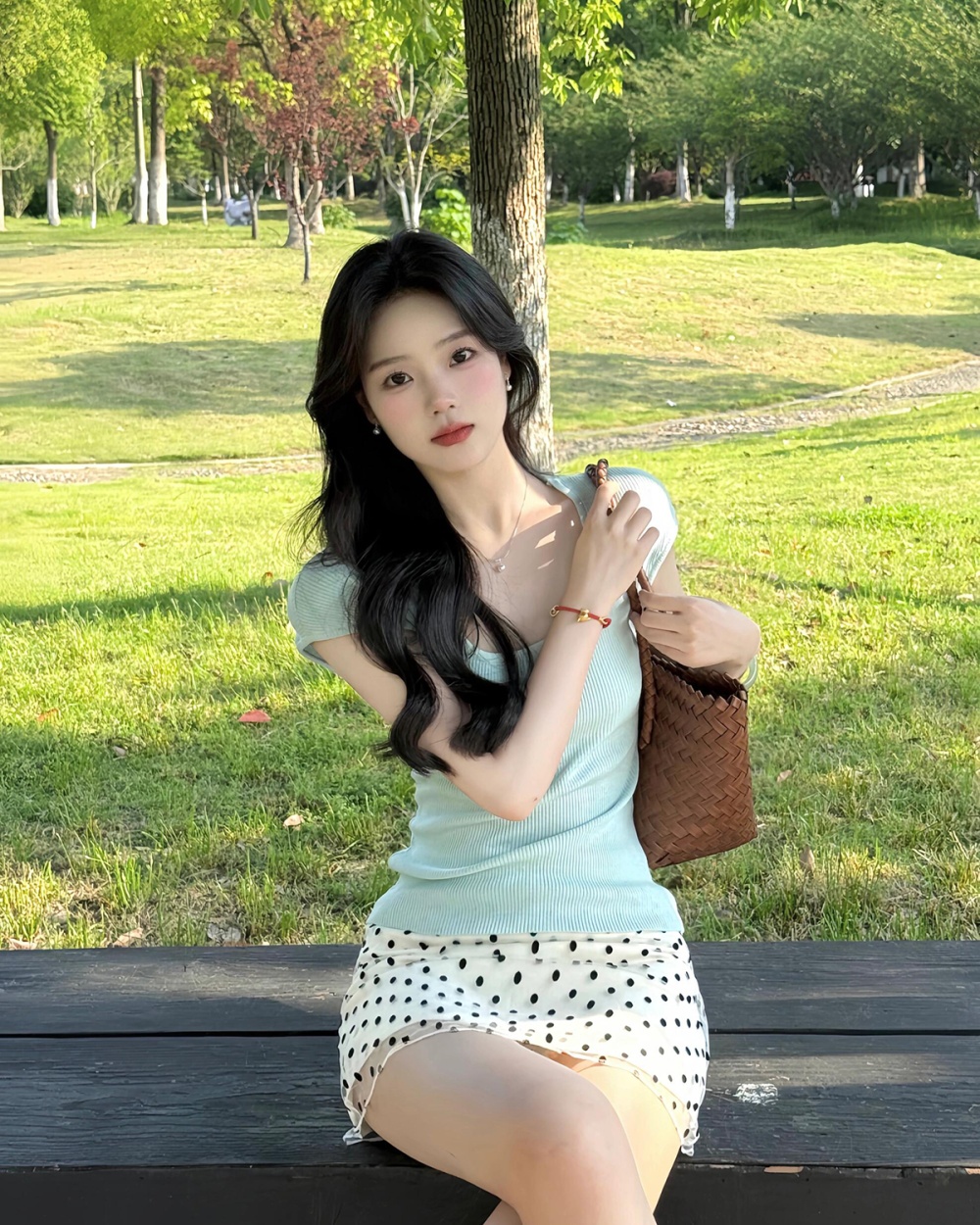 Polka dot green sweater show young tops for women