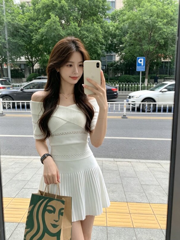Flat shoulder tops skirt 2pcs set for women