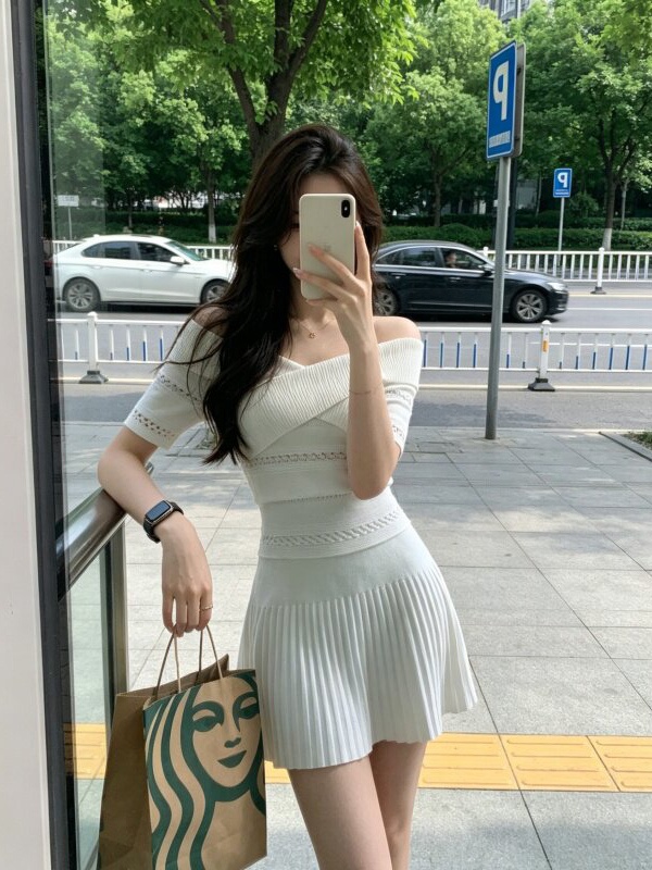 Flat shoulder tops skirt 2pcs set for women