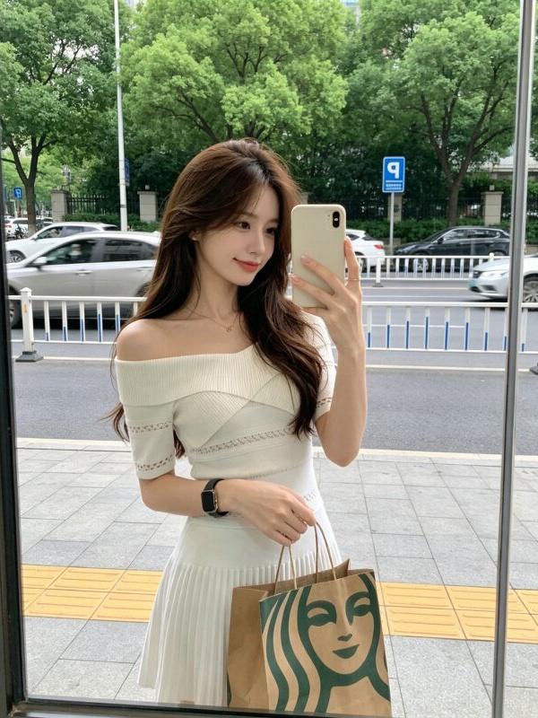 Flat shoulder tops skirt 2pcs set for women