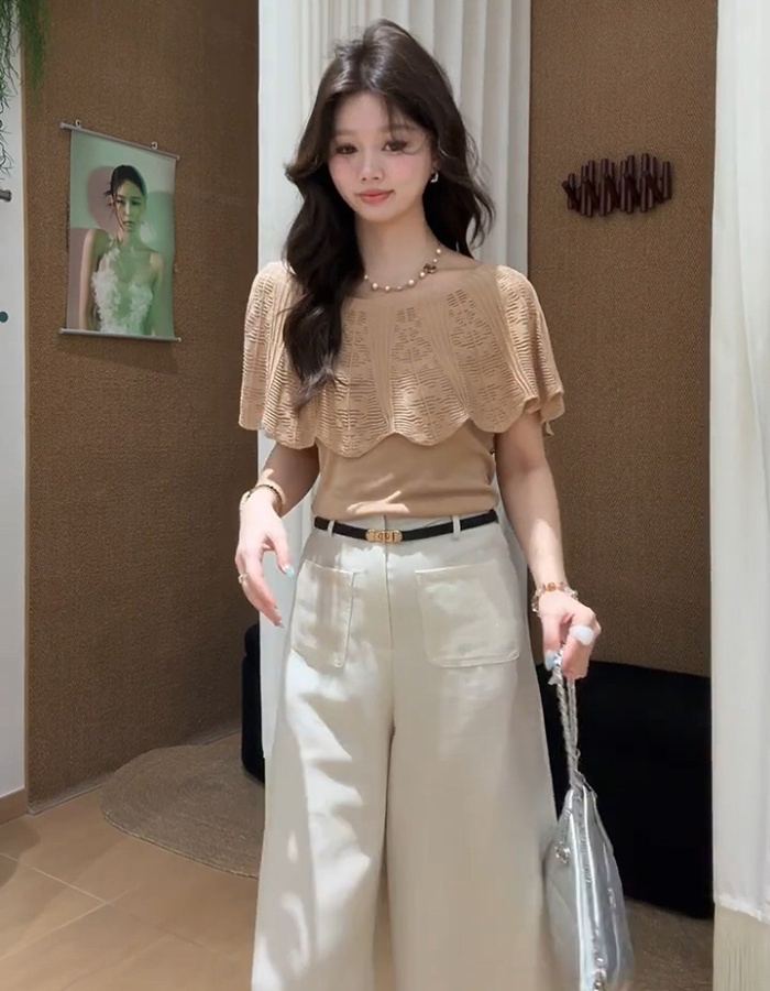 Flat shoulder knitted lotus leaf edges enticement tops