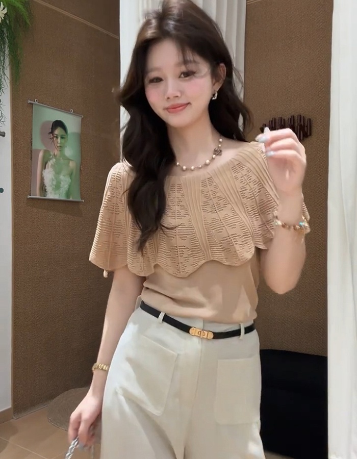 Flat shoulder knitted lotus leaf edges enticement tops