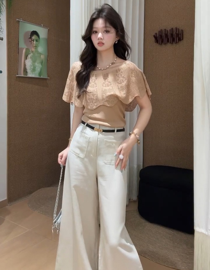 Flat shoulder knitted lotus leaf edges enticement tops