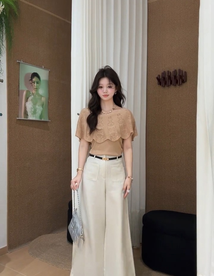 Flat shoulder knitted lotus leaf edges enticement tops