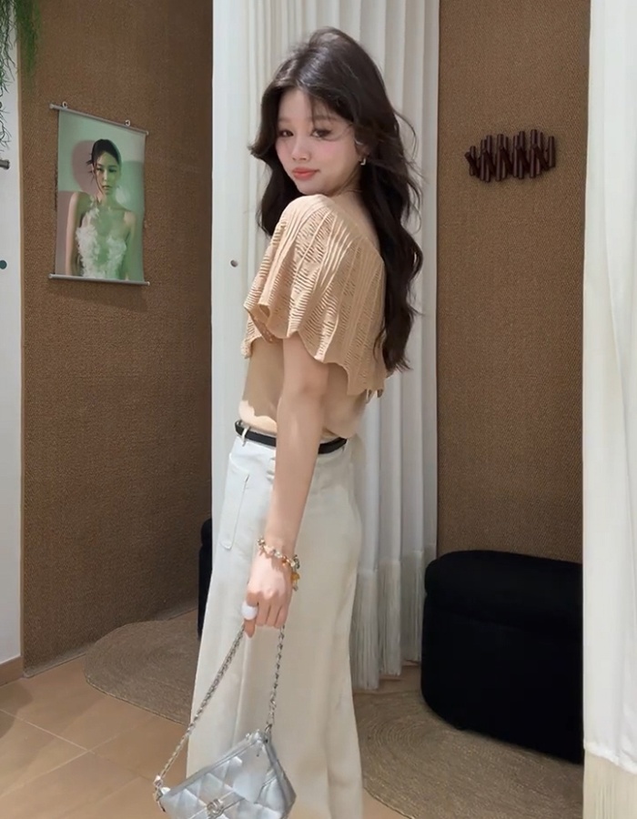 Flat shoulder knitted lotus leaf edges enticement tops