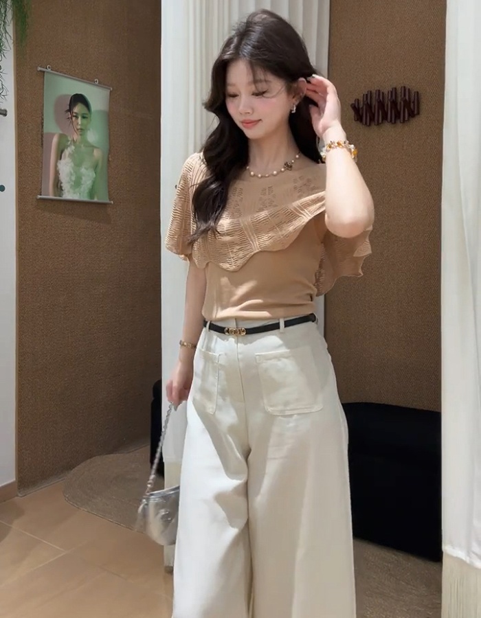 Flat shoulder knitted lotus leaf edges enticement tops