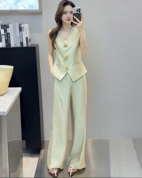 Fashion single-breasted long pants summer tops 2pcs set