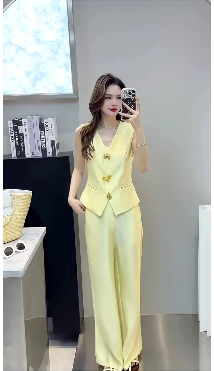 Fashion single-breasted long pants summer tops 2pcs set